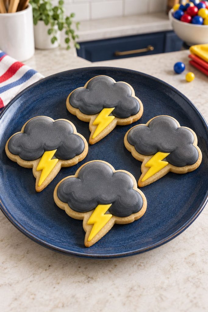Charcoal gray storm cloud shaped cookie with a yellow lightning bolt underneath