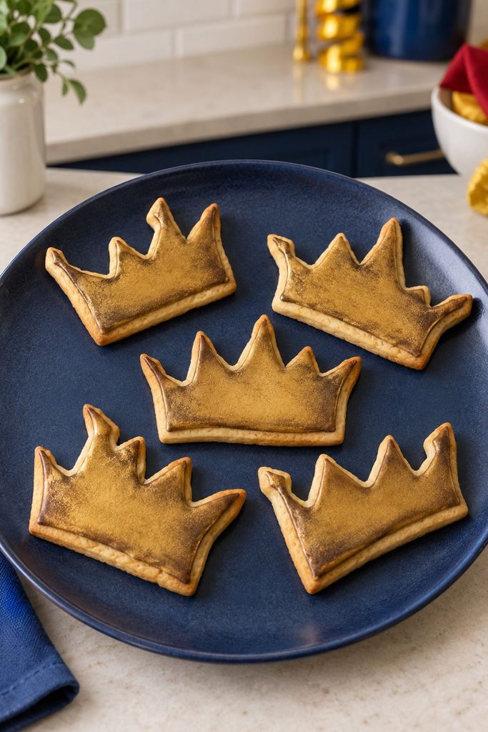 Crooked asymmetrical crown shaped cookie in dulled metallic gold