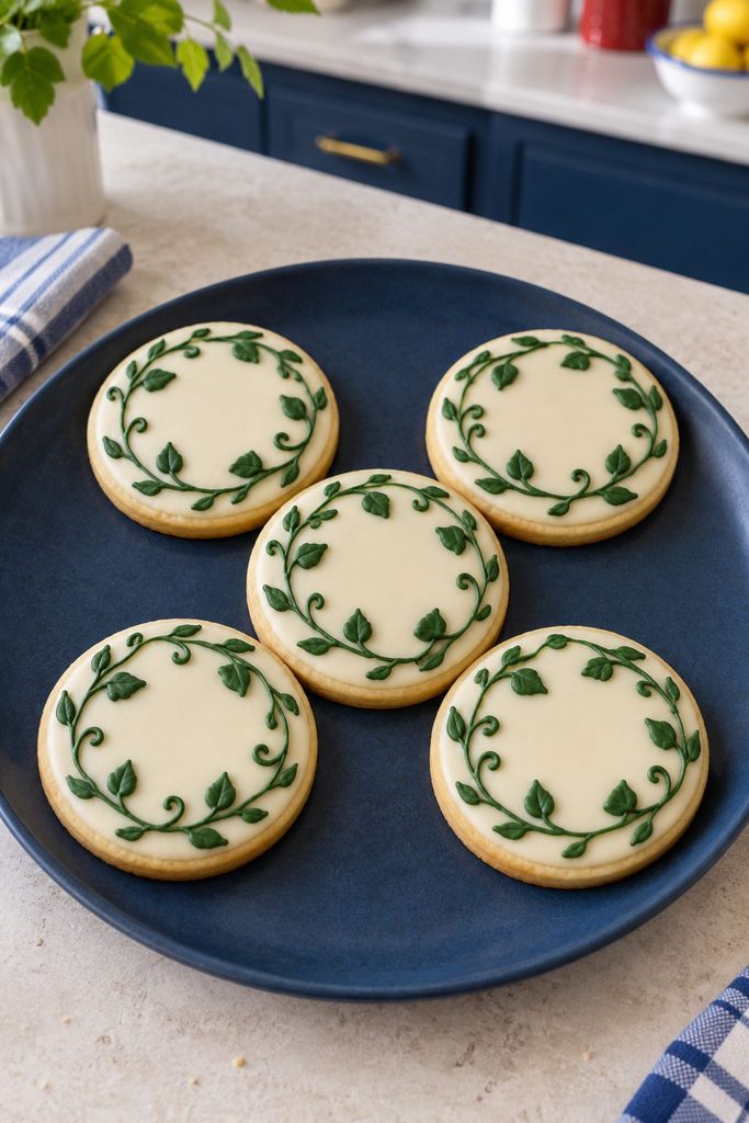 Cookie with forest green vines and leaves wrapping around the border