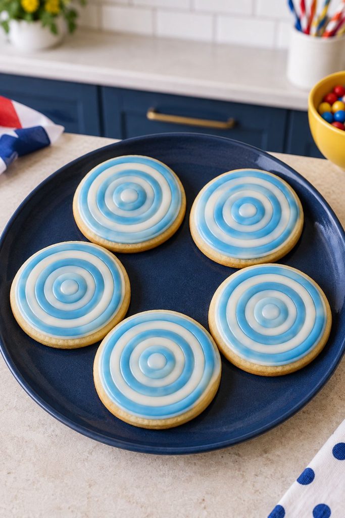 Cookie with concentric semi-transparent pale blue and white rings