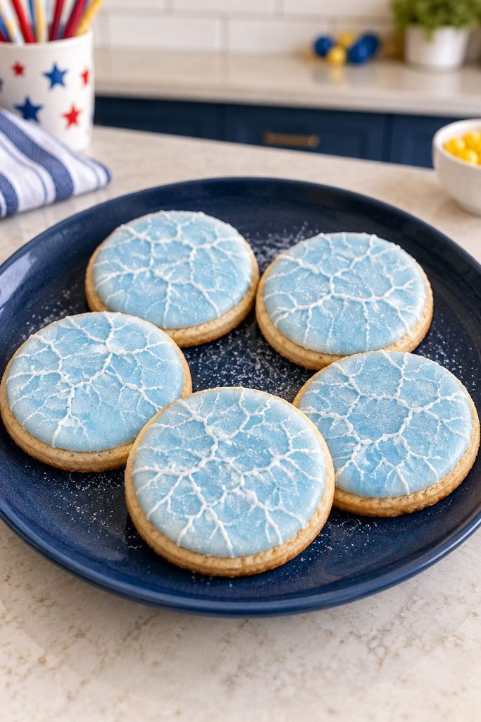 Pale blue cookie with white crackled icing veins resembling ice