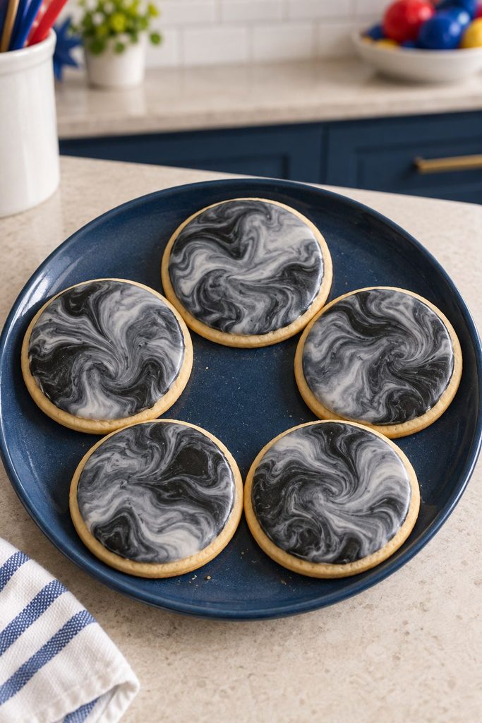 Cookie with a marbled gray and black swirl resembling smoke