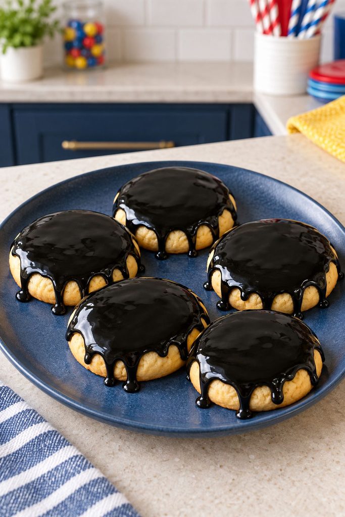 Round cookie with a glossy black glaze dripping unevenly down the sides