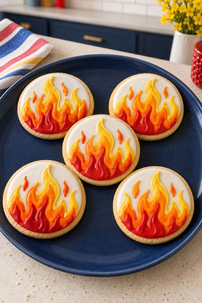 Cookie with layered red, orange, and yellow flame shapes rising from the base