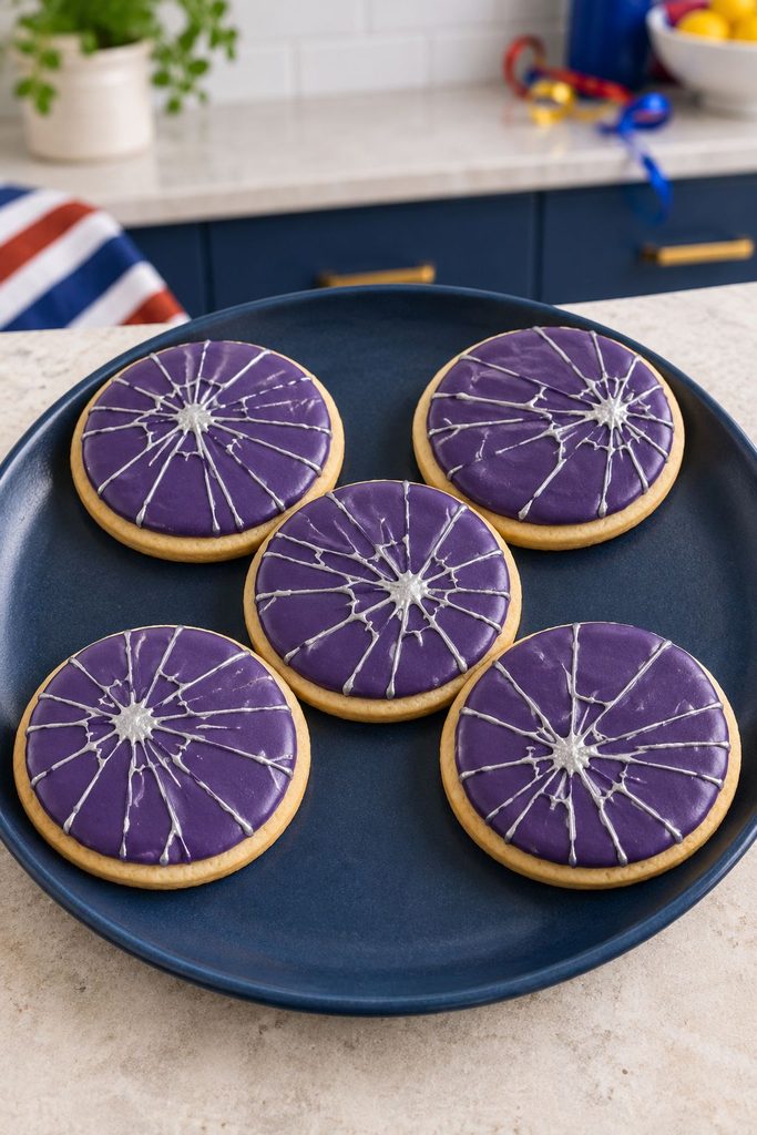 Deep purple cookie with a silver spiderweb crack pattern