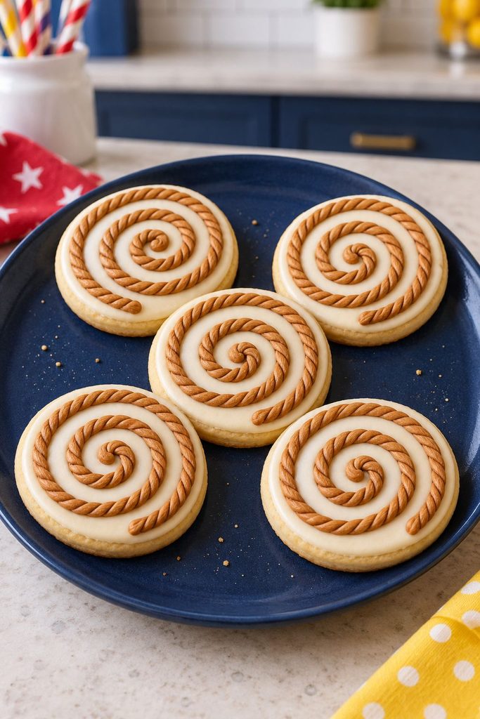 Cookie with a coiled rope pattern piped in warm caramel brown