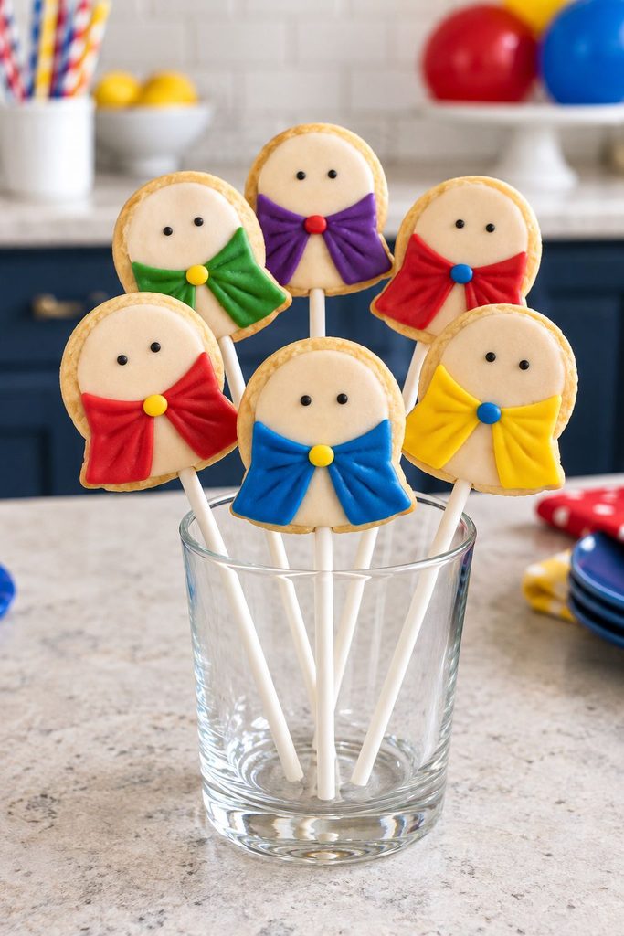 Small round cookie pops with tiny capes and simple faces piped on