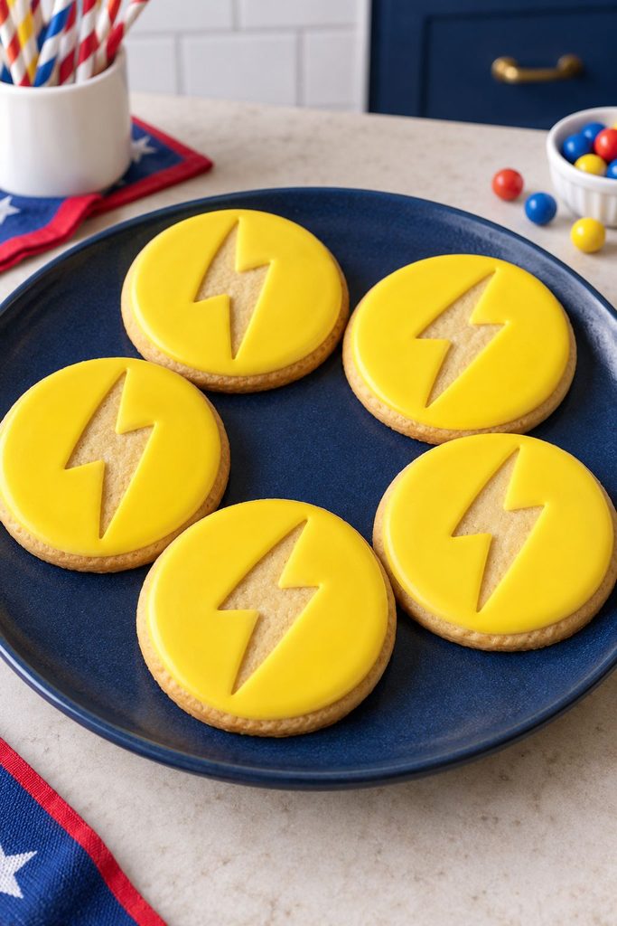 Yellow flooded cookie with an unfrosted lightning bolt shape left bare