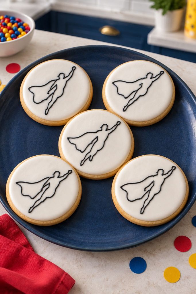 White cookie with a single continuous black line drawing a flying superhero pose