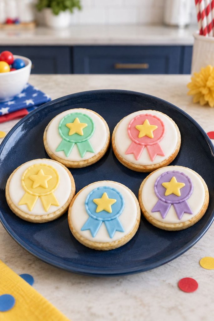 Small round cookie with a pastel ribbon and star badge design
