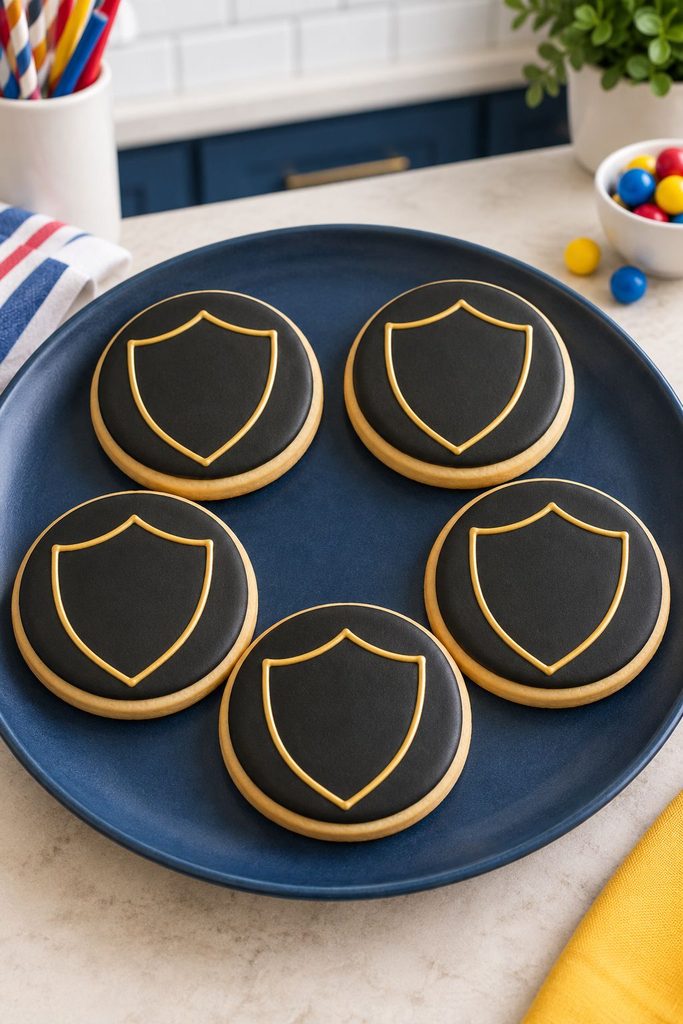 Matte black cookie with a thin metallic gold shield outline
