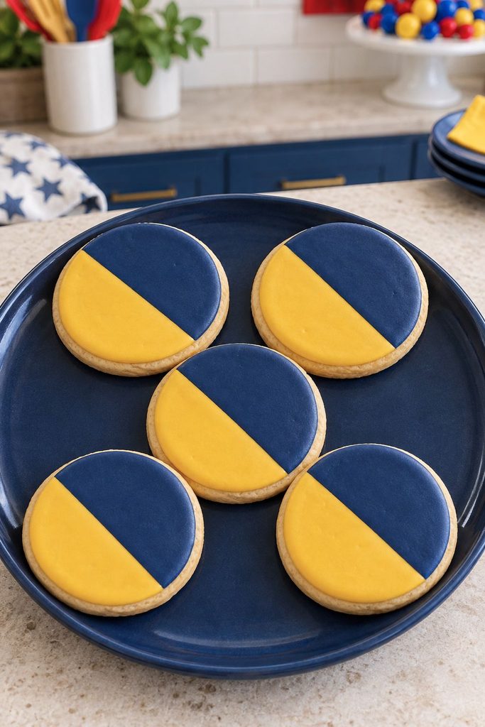 Cookie split diagonally into solid navy and gold color blocks