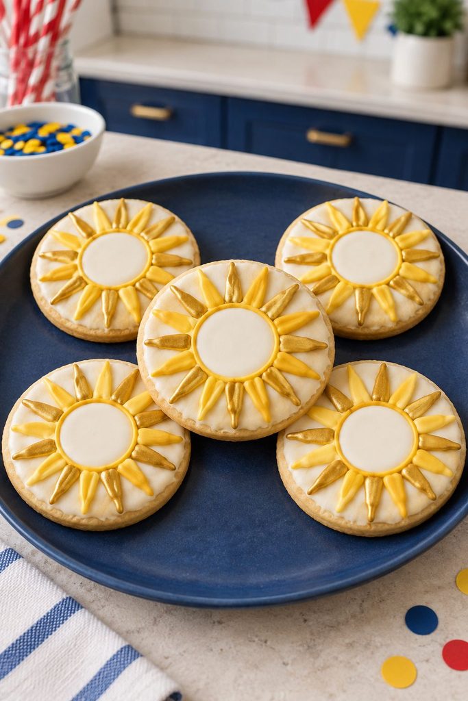 Round cookie with radiating gold and white rays like a stylized sun