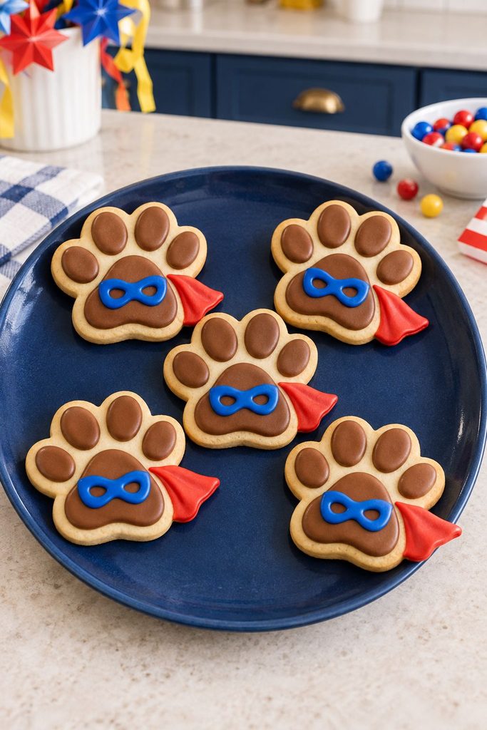 Paw print shaped cookie wearing a tiny superhero cape and mask