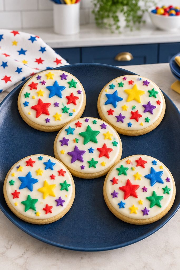 Cookie covered in an assortment of colorful star shapes of varying sizes