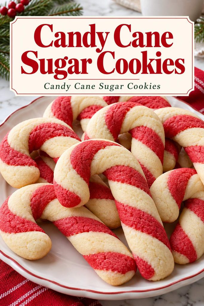 Candy cane sugar cookies with red and white twists and curved hooks