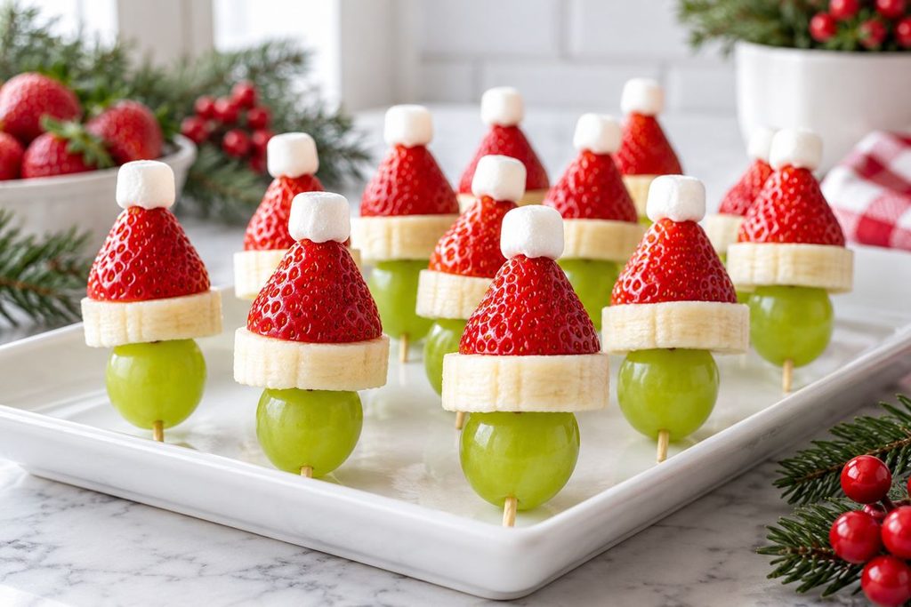 Grinch fruit kabobs made with a green grape, banana slice, strawberry, and mini marshmallow to look like Santa hats