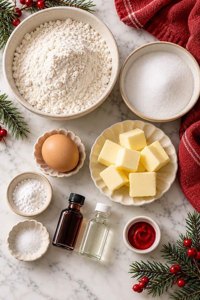 Flat lay of candy cane sugar cookie ingredients including butter, sugar, eggs, flour, vanilla, and red food coloring