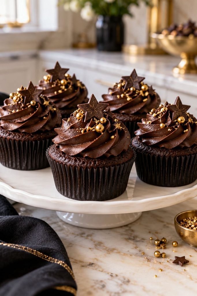 Midnight chocolate cupcakes with gold sprinkles, a cute new years eve dessert idea