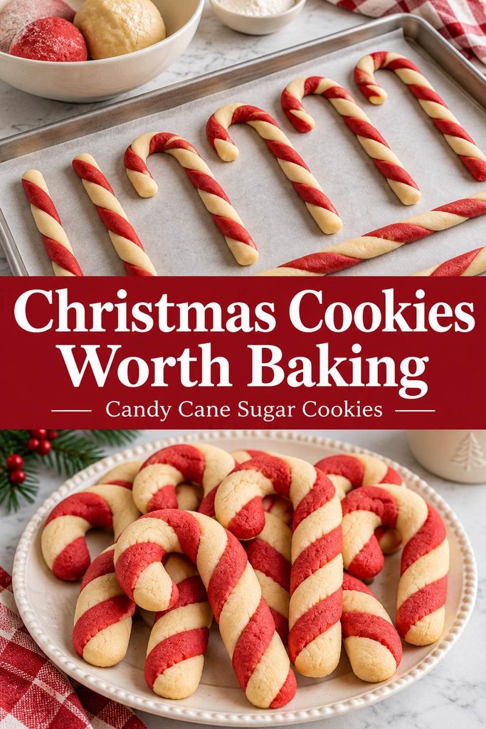 Festive Christmas cookies shaped like candy canes arranged for holiday baking