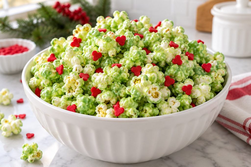 Green candy-coated Grinch popcorn with red heart sprinkles in a bowl