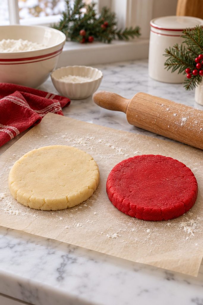 Two portions of sugar cookie dough, one plain and one tinted red, ready to be chilled