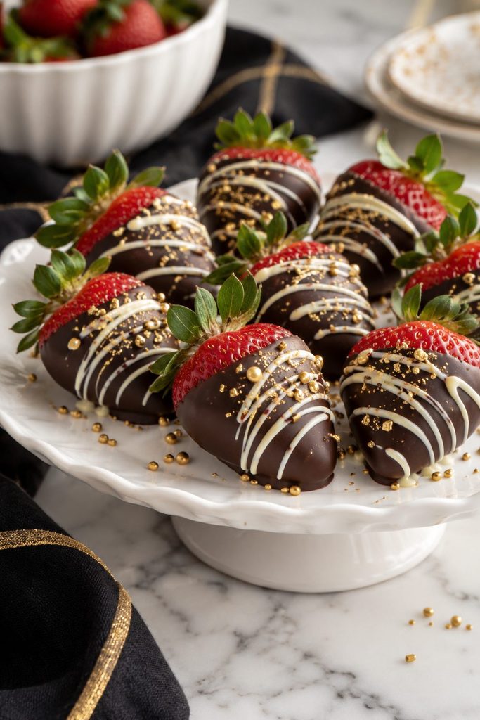Chocolate dipped strawberries with gold sprinkles, simple new years eve dessert
