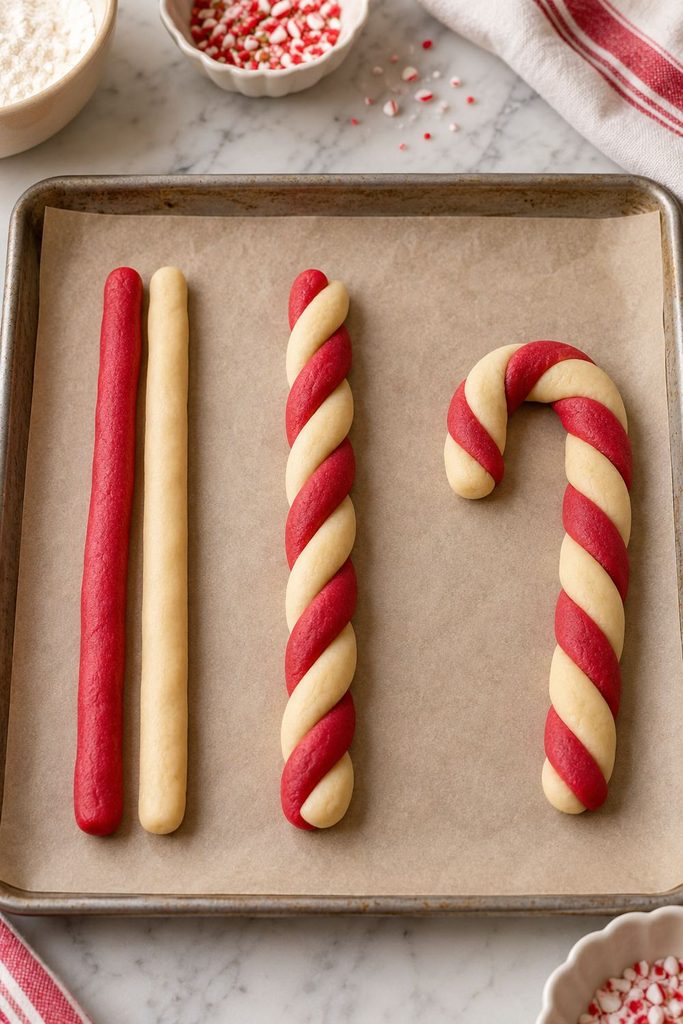 Hands twisting a red and a white dough rope together to shape a candy cane cookie