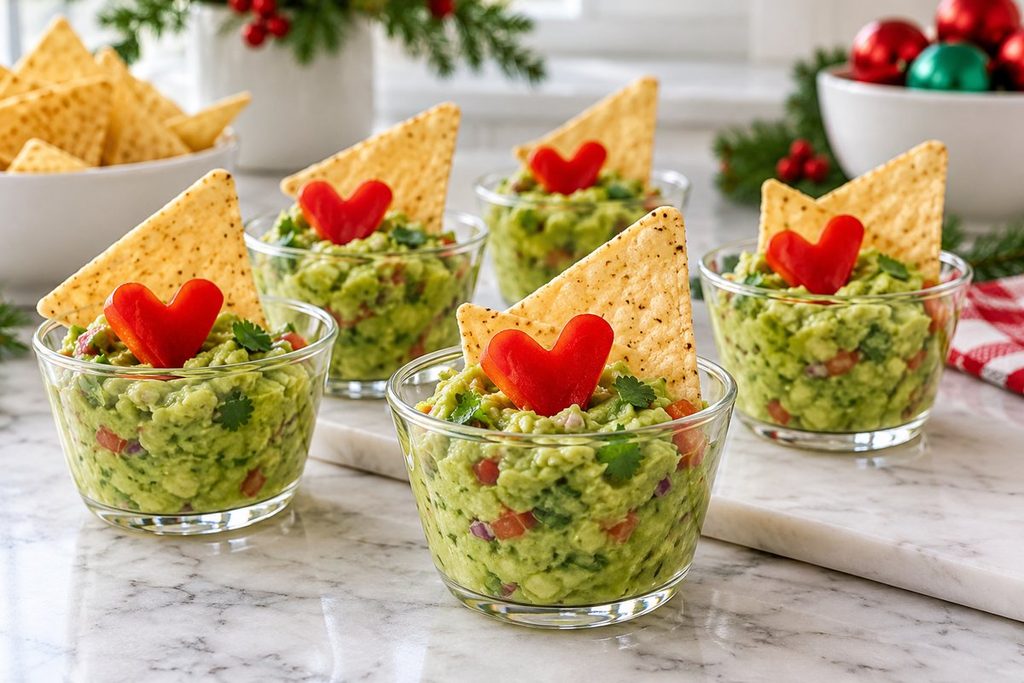 Individual clear cups of guacamole topped with red bell pepper hearts and tortilla chips