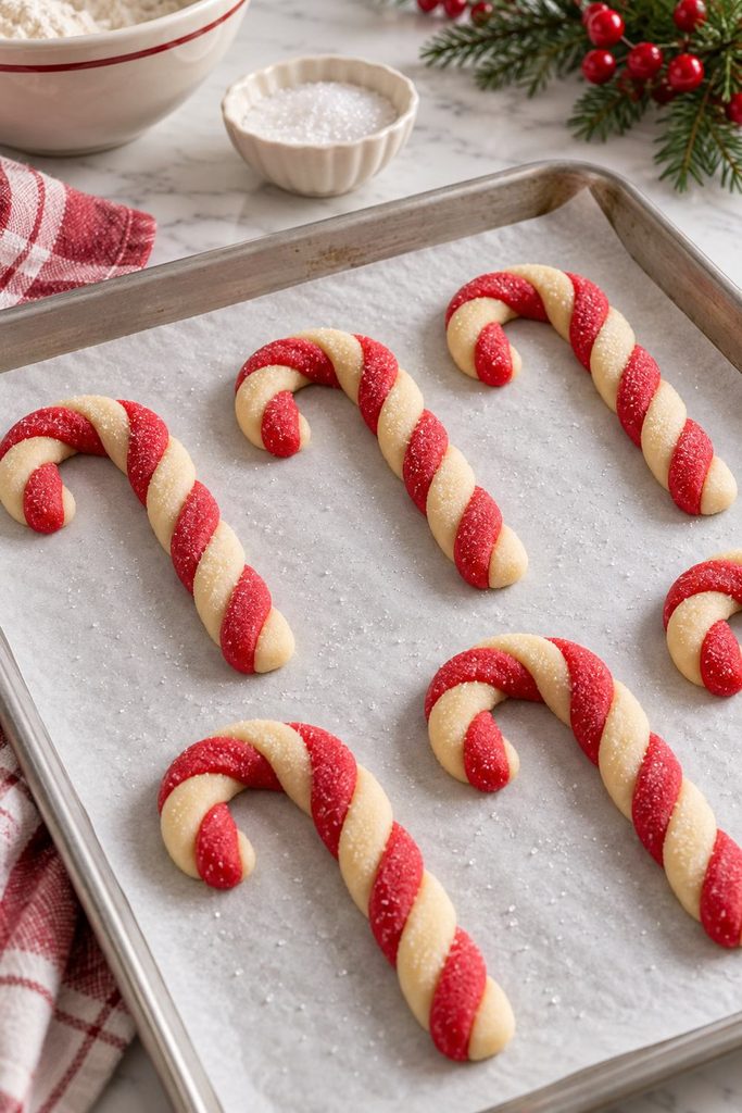 Shaped red and white candy cane cookies on a parchment-lined baking sheet ready to bake