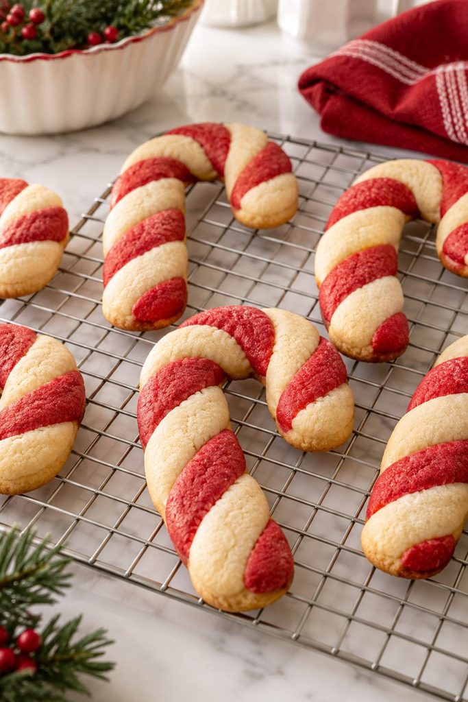 Baked candy cane sugar cookies cooling on a wire rack