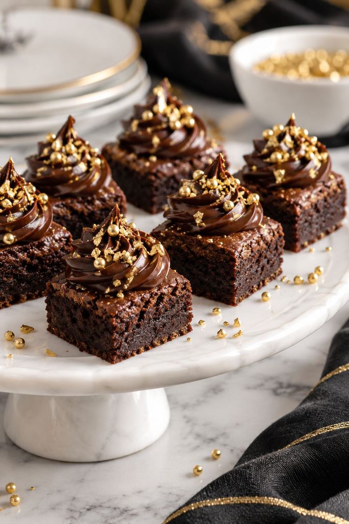 Gold sprinkled brownie bites with chocolate ganache, easy new years eve party dessert