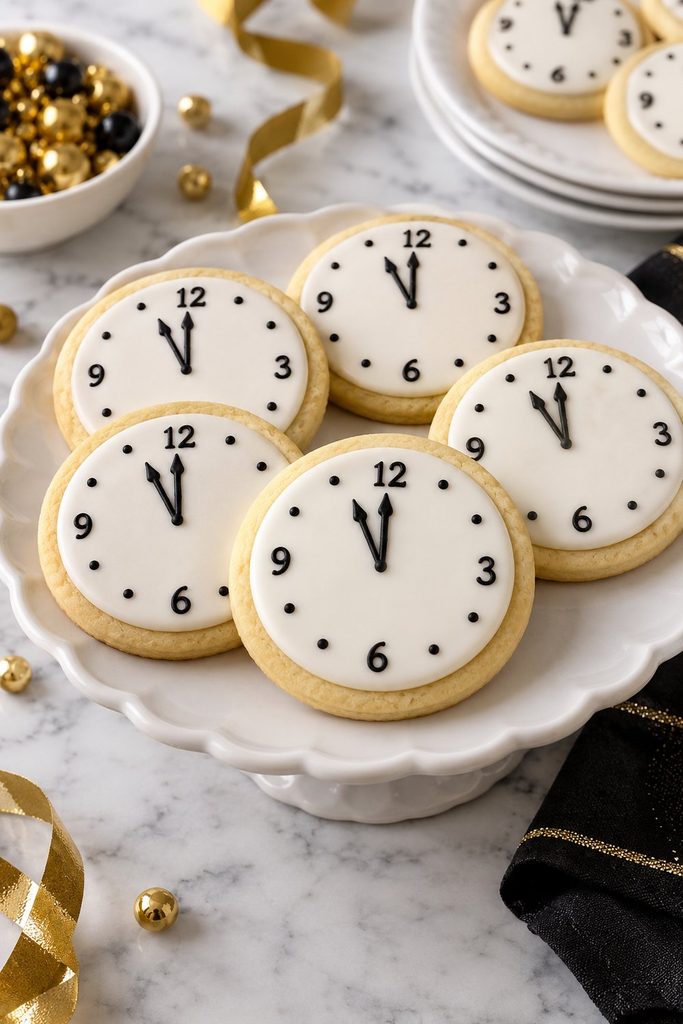 Countdown clock sugar cookies decorated with white icing, cute new years eve cookies