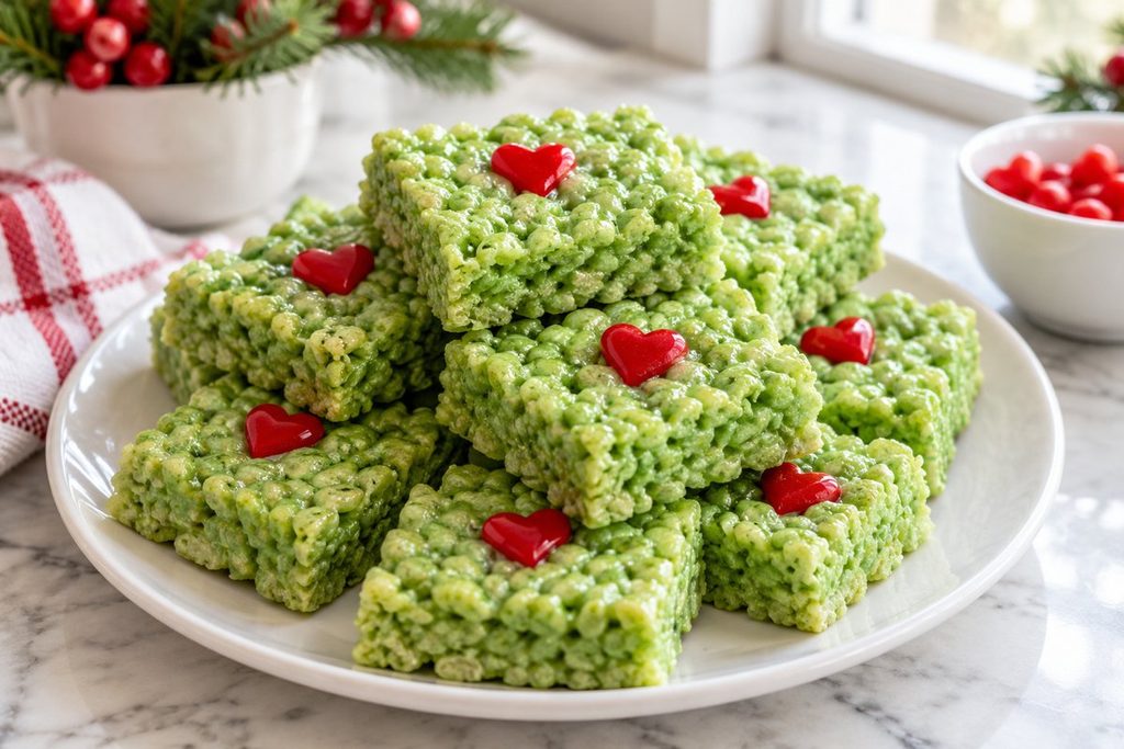 Stacked green Grinch Rice Krispie treat squares topped with red candy hearts