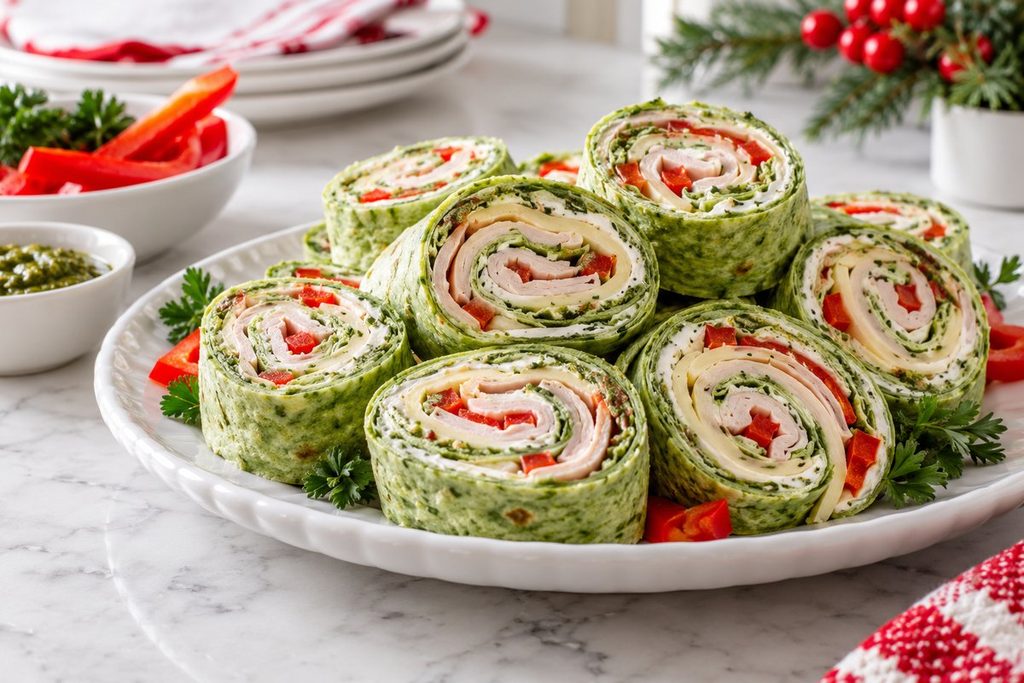 Spinach tortilla pesto pinwheels on a white platter with red pepper strips