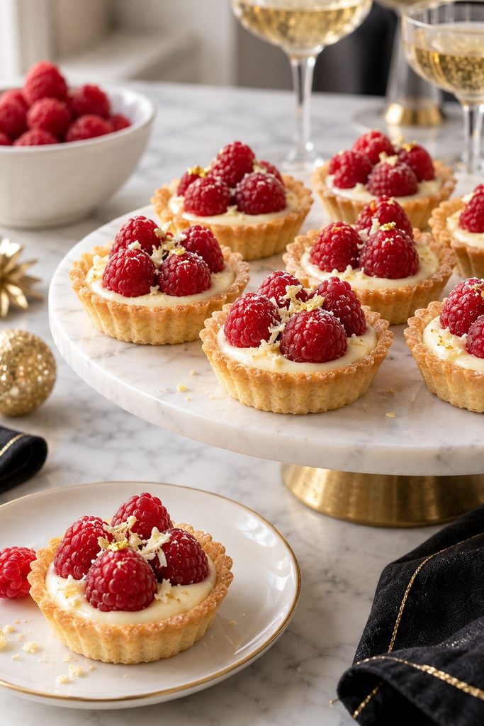White chocolate raspberry tartlets with fresh berries, elegant mini new years eve dessert