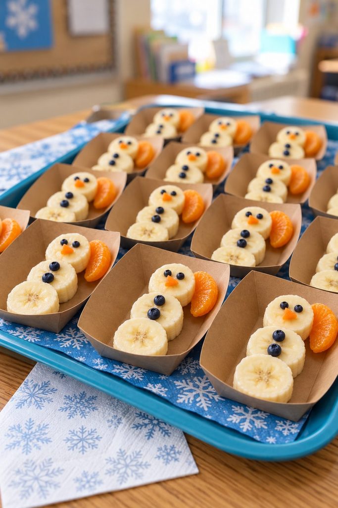 Rows of banana-slice snowmen with blueberry details and mandarin segments in individual paper boats.