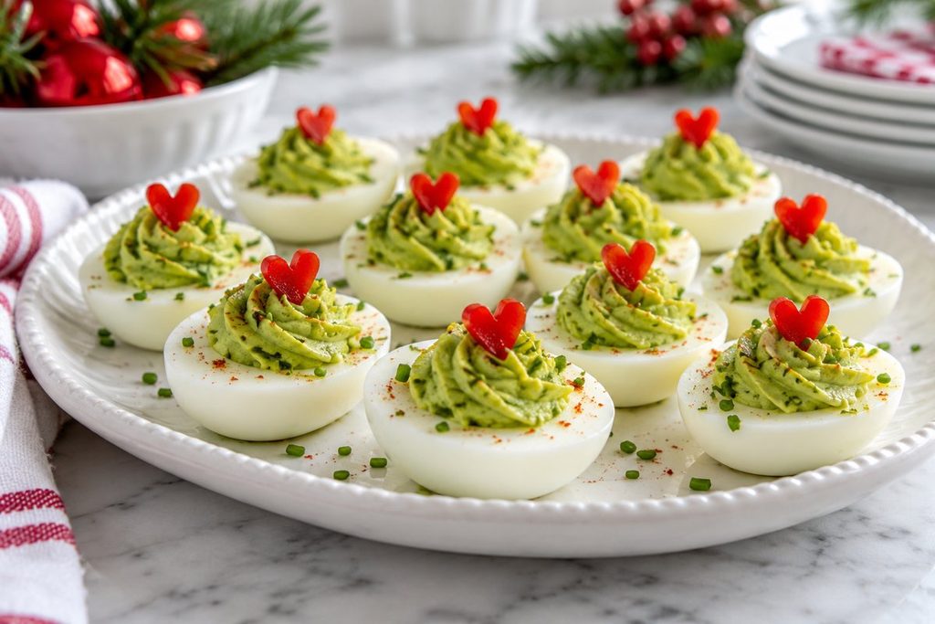 Green avocado deviled eggs garnished with tiny red pepper hearts