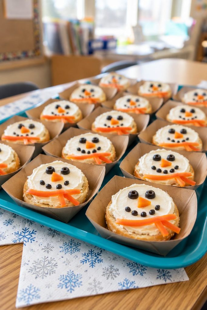 Cream cheese mini bagel halves decorated as snowman faces in individual paper boats.