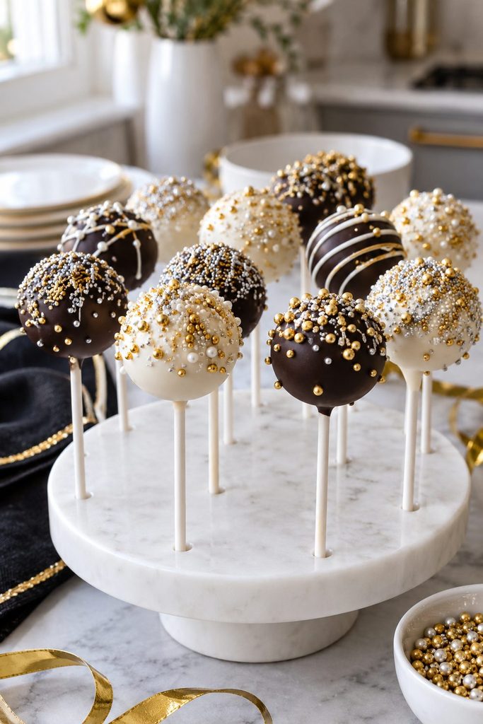 New Year’s Eve cake pops with gold and silver sprinkles, cute party dessert idea