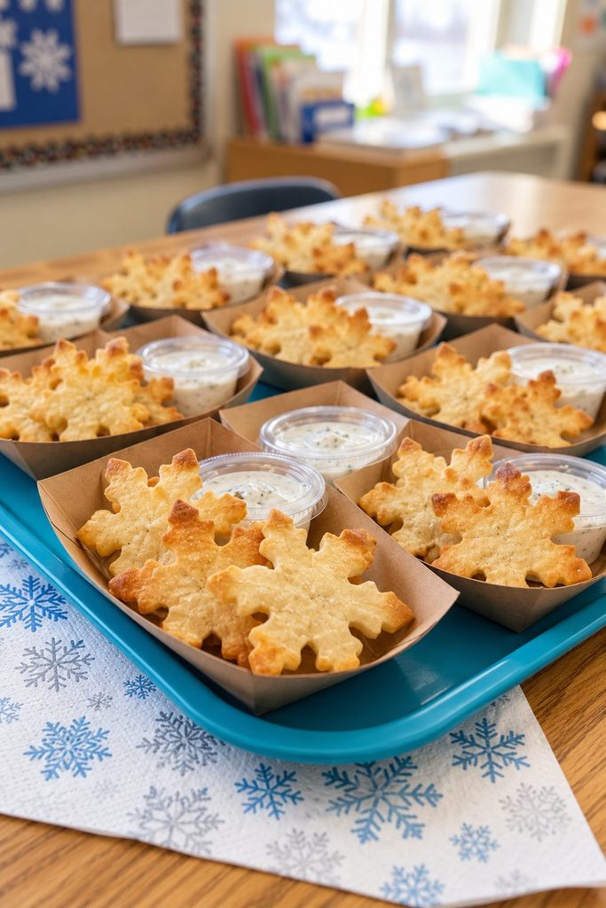 Snowflake-shaped tortilla crisps with individual dip cups arranged on a classroom tray.