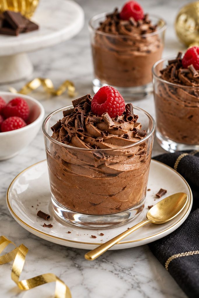 Chocolate mousse cups with raspberry and chocolate curls, elegant new years eve dessert