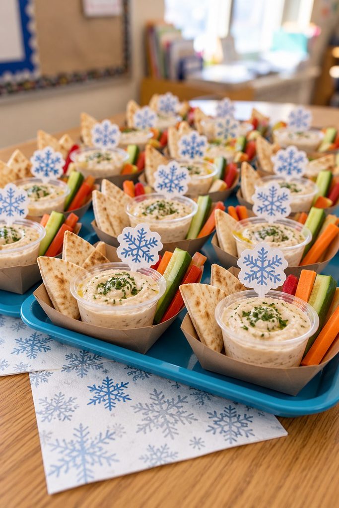 White bean dip cups with pita triangles and vegetable sticks in individual snack boats.