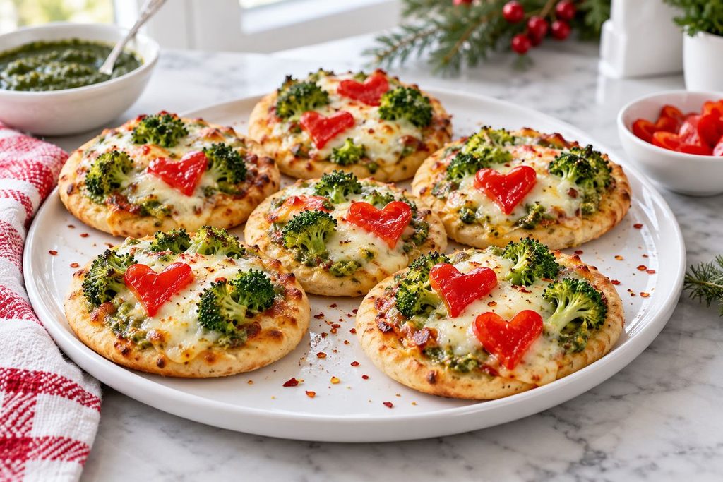 Mini pizzas with pesto, mozzarella, green broccoli, and a red bell pepper heart