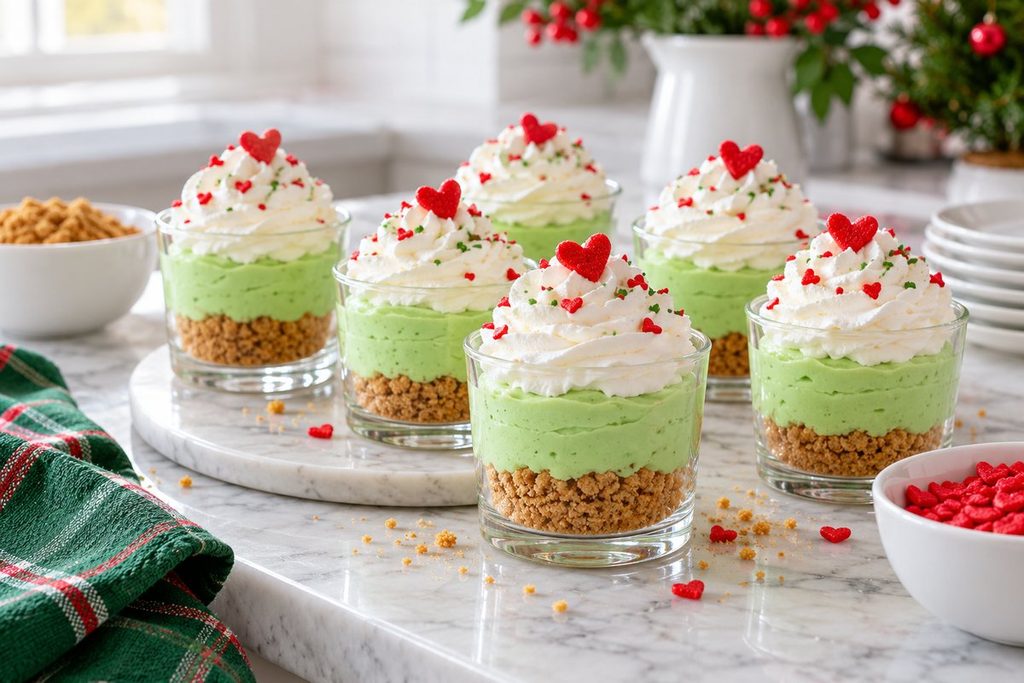 Green no-bake cheesecake cups with graham cracker crust, whipped cream, and a red heart