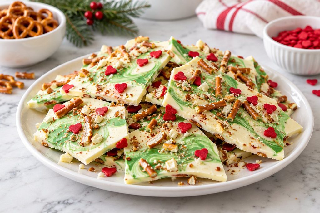 White chocolate bark swirled with green candy melts, red heart sprinkles, and crushed pretzels