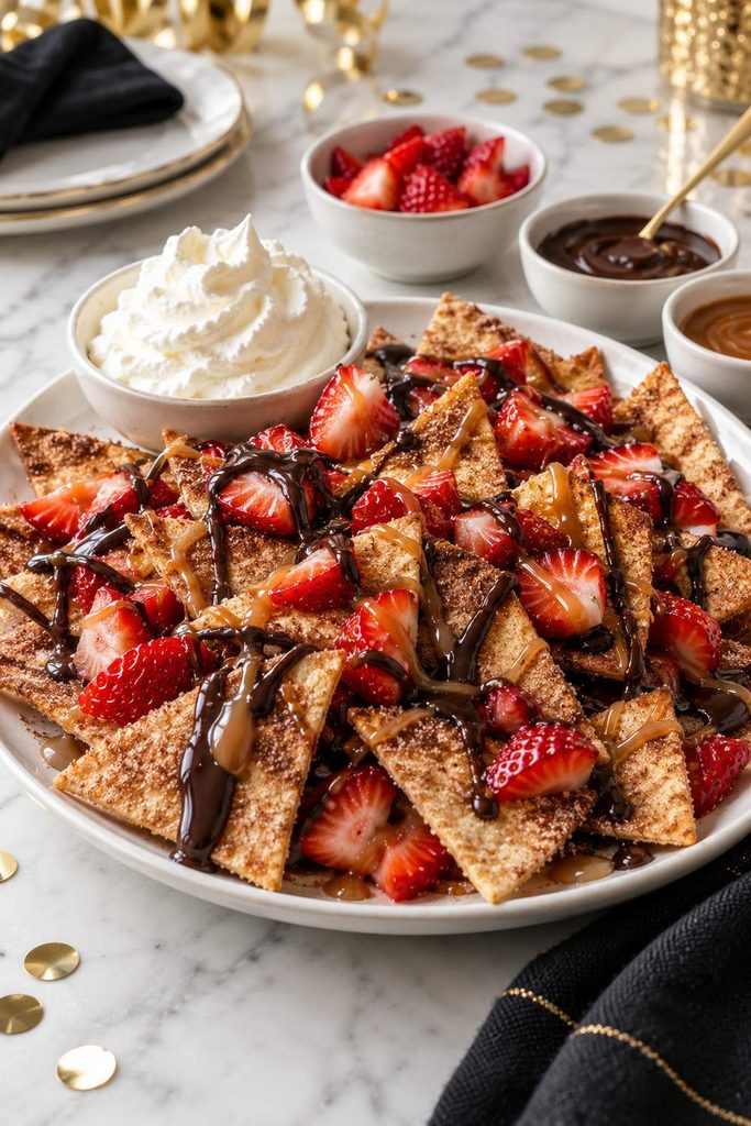 New Year’s Eve dessert nachos with strawberries, chocolate and caramel drizzle