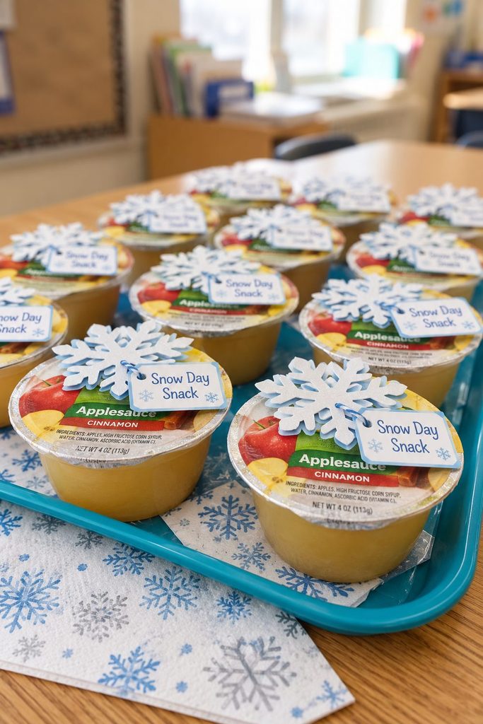 Sealed applesauce cups decorated with paper snowflakes and Snow Day Snack tags.