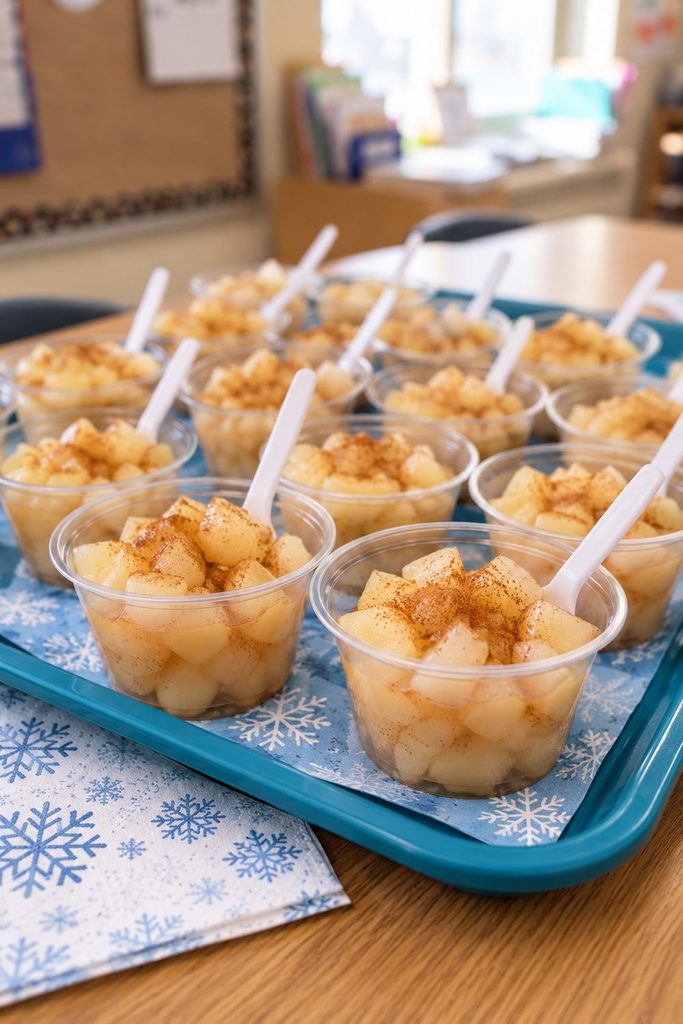 Individual cups of diced pears dusted with cinnamon, with spoons on a blue tray.