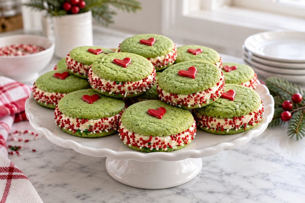 Green sugar cookie sandwiches with vanilla buttercream edges rolled in red and white sprinkles